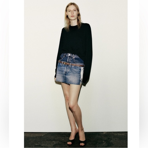 ZARA ZW Denim Mini Skirt Double Waisted Upcycled Ultra Mini Size Small - Picture 6 of 16